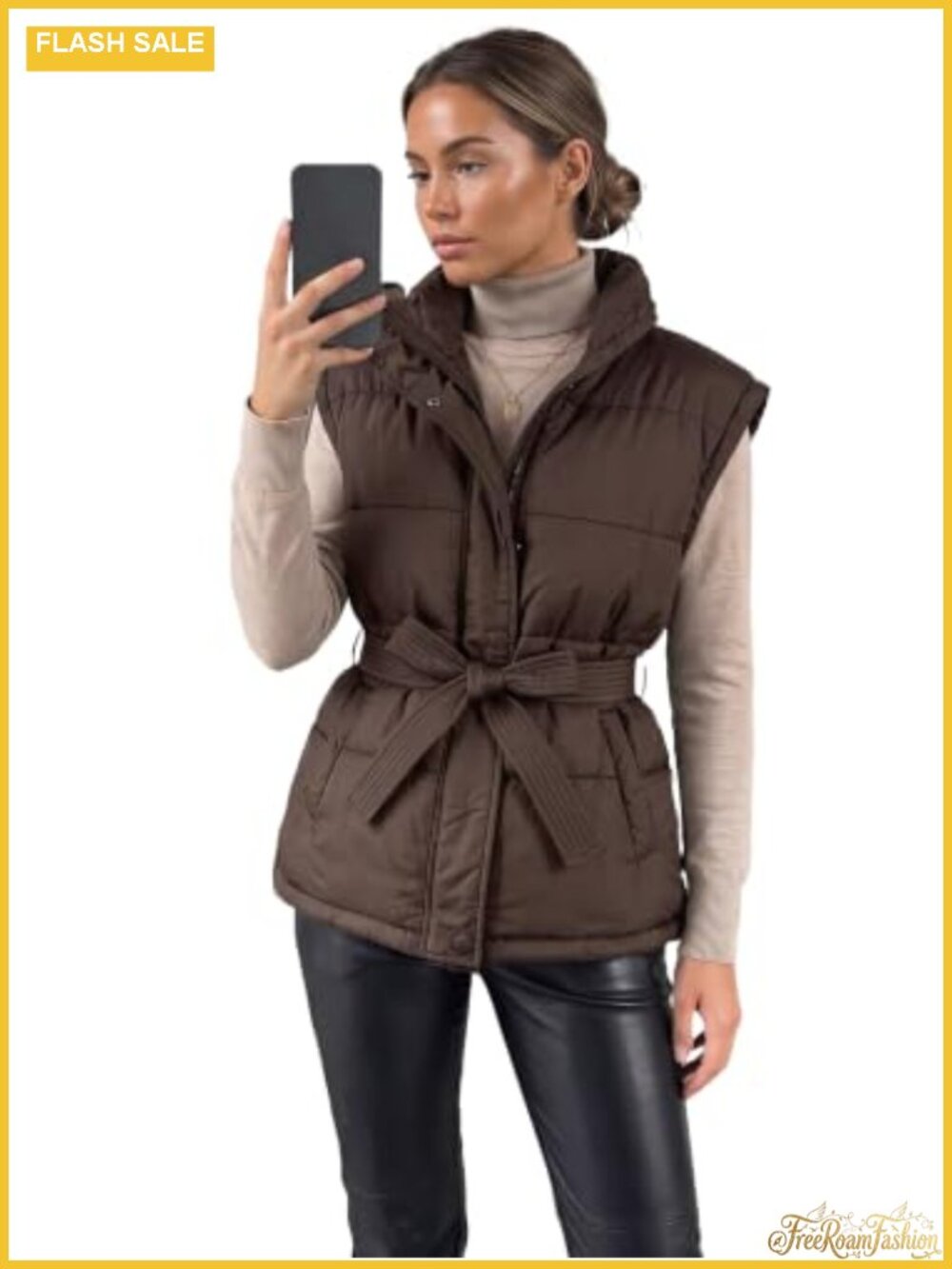 Women's Belted Puffer Vest Stand Collar Zip Up Lightweight Padded Sleeveless